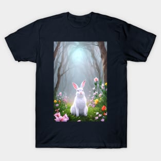 Fluffy white bunny rabbit in the woods with wildflowers T-Shirt